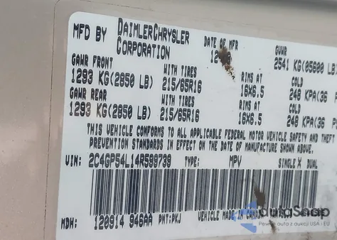 2004 Chrysler Town & Country Touring из США, поврежденный, VIN 2C4GP54L14R599739